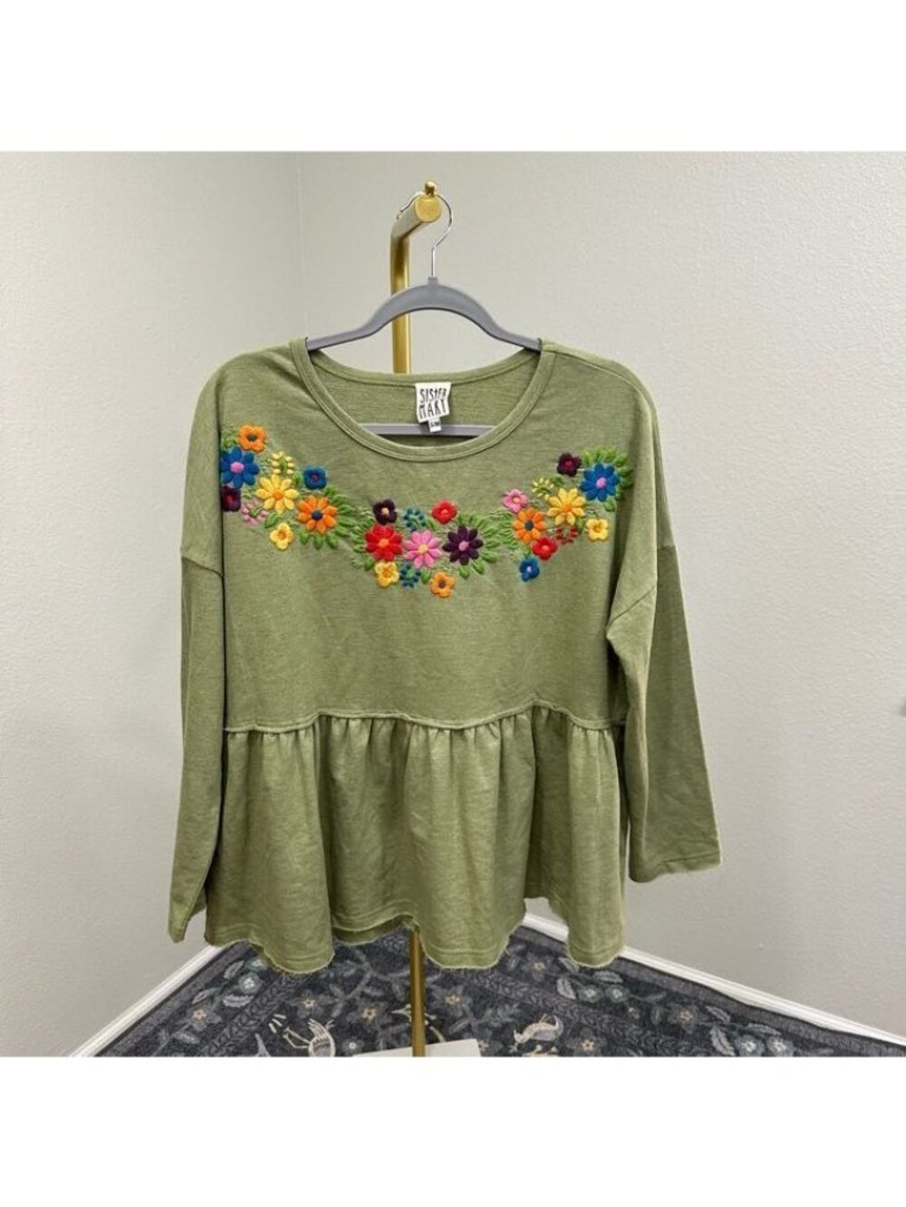 Sister Mary Emma Floral Embroidered Top Tiered Baby Doll Long Sleeve Womens S/M